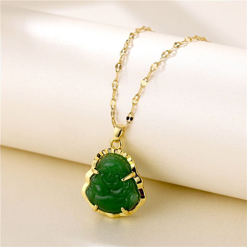 18k Gold Jade Buddha Necklace with Adjustable Stainless Steel Chain by Ancient Infusions – Genuine Green Jade Pendant.