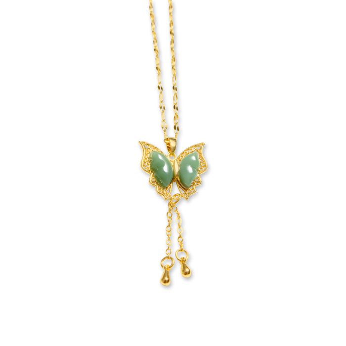 18k Gold-Plated Green Jade Butterfly Necklace with Stainless Steel Chain by Ancient Infusions – Elegant Spiritual Jewelry.