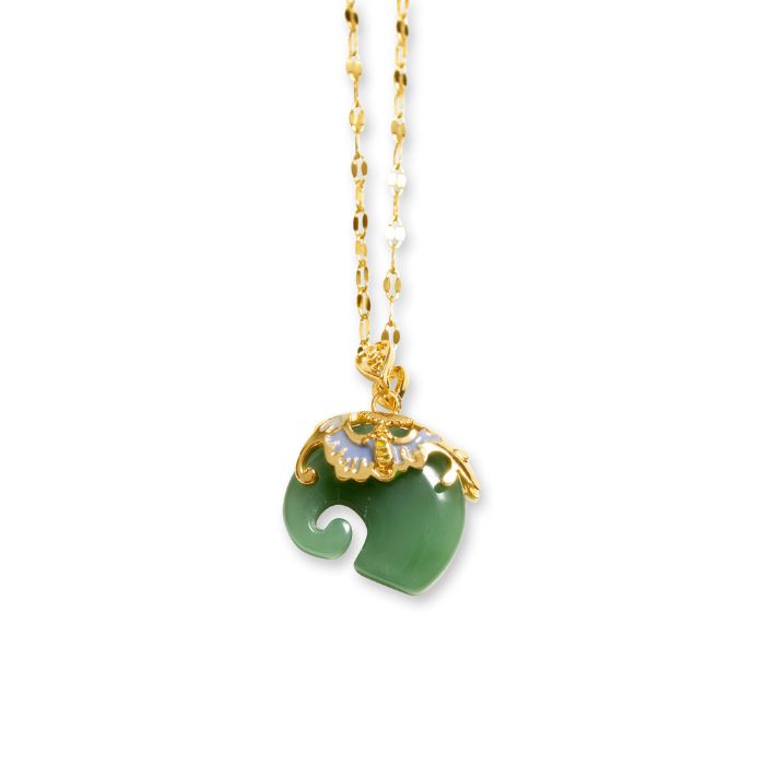 18k Gold-Plated Green Jade Elephant Pendant Necklace with Stainless Steel Chain by Ancient Infusions – Elegant and Symbolic Jewelry.