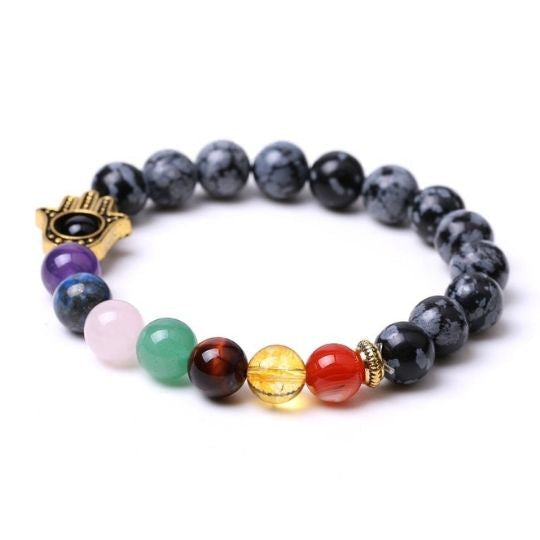 7 Chakra Snowflake Obsidian Elastic Bracelet with Hamsa Charm – Spiritual Protection and Emotional Balance.