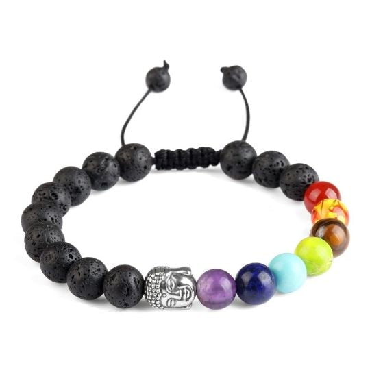 7 Chakra Lava Stone Adjustable Rope Bracelet with Buddha Head – Spiritual Energy and Grounding for Men and Women.