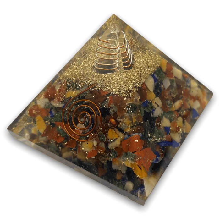 7 Chakra Orgone Pyramid with vibrant crystal layers for energy alignment.