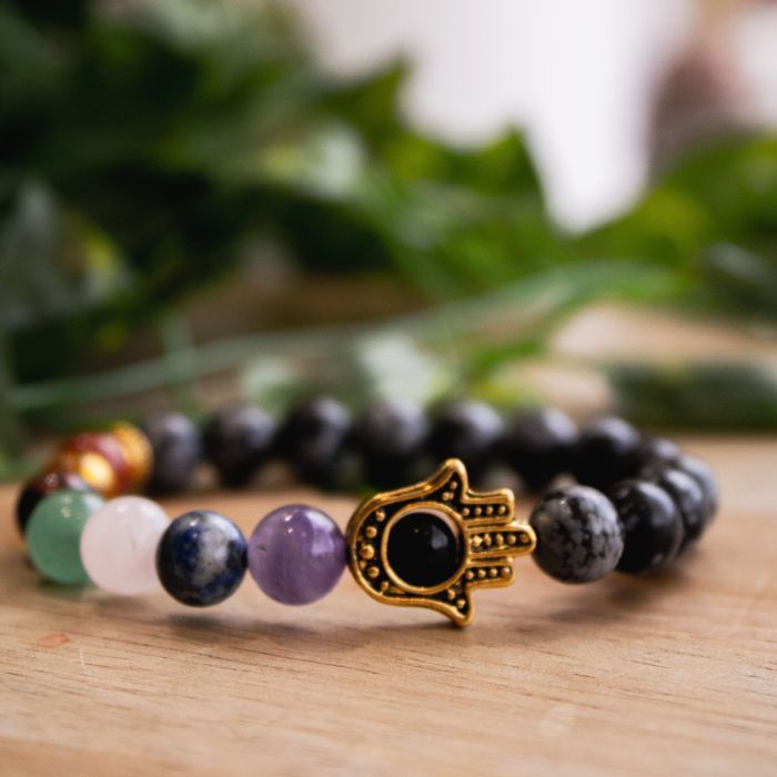 7 Chakra Snowflake Obsidian Elastic Bracelet with Hamsa Charm – Balance and Protection for Men and Women.