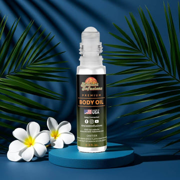 Abercrombie & Fitch First Instinct Blue Inspired Body Oil with floral accents and tropical leaves