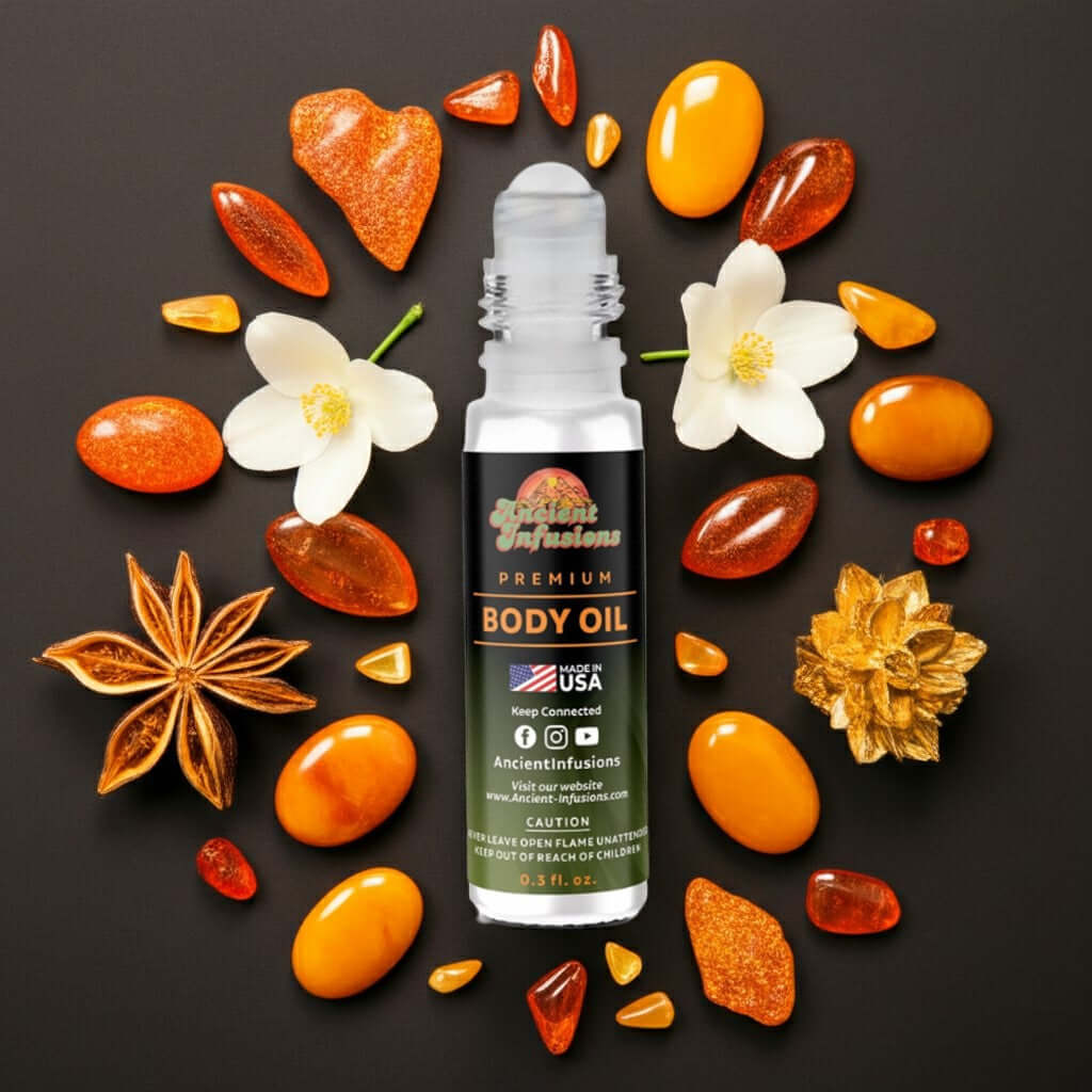 Amber Queen Body Oil surrounded by amber stones and white flowers