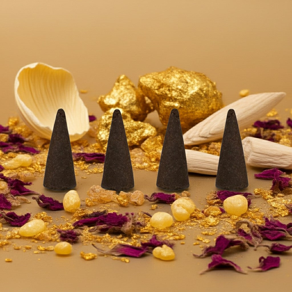 Amber White Incense Cones on a decorative surface with gold rocks, seashells, and flowers.