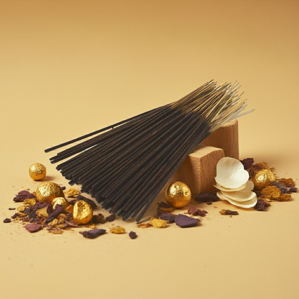 Amber White Incense Sticks with decorative elements on a beige background