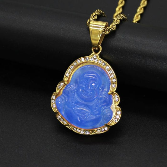 Ancient Infusions Azure Tranquility Gold Blue Maitreyan Jade Buddha Pendant Necklace - Serene Elegance with Stainless Steel Rope Chain.
