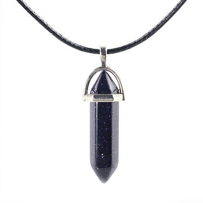 Ancient Infusions Celestial Spark Adjustable Blue Goldstone Pendant Necklace on Faux-Leather Cord - Mystical Gemstone Jewelry for Cosmic Elegance and Self-Expression.
