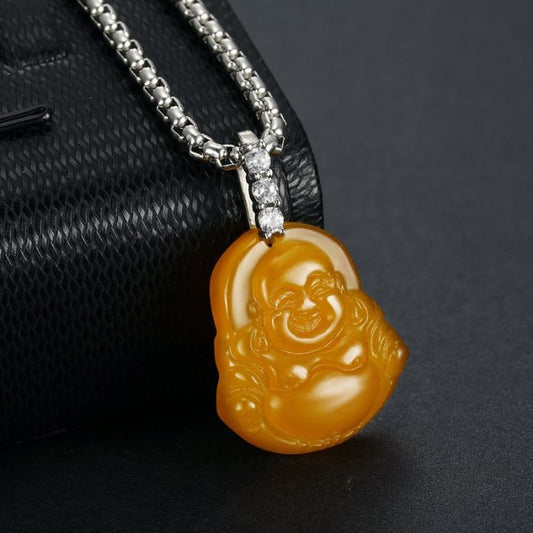 Ancient Infusions Citrine Radiance Silver Orange Maitreyan Jade Buddha Pendant Necklace - Vibrant Elegance with Stainless Steel Rope Chain.