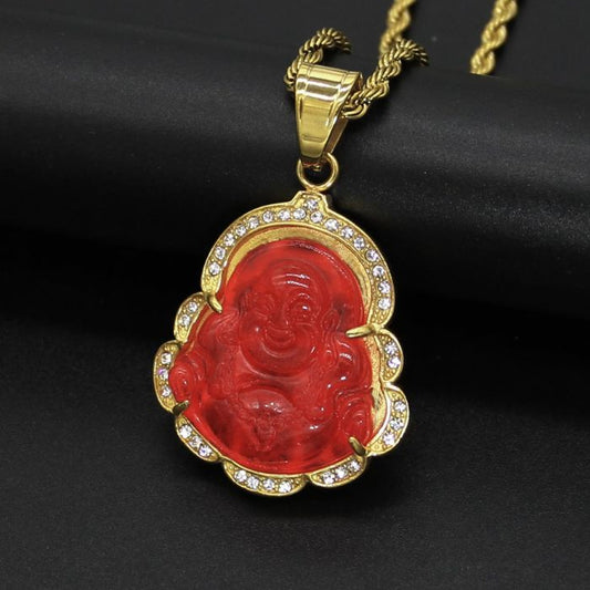 Ancient Infusions Crimson Harmony Gold Red Maitreyan Jade Buddha Pendant Necklace - Glamorous Elegance with Stainless Steel Rope Chain.