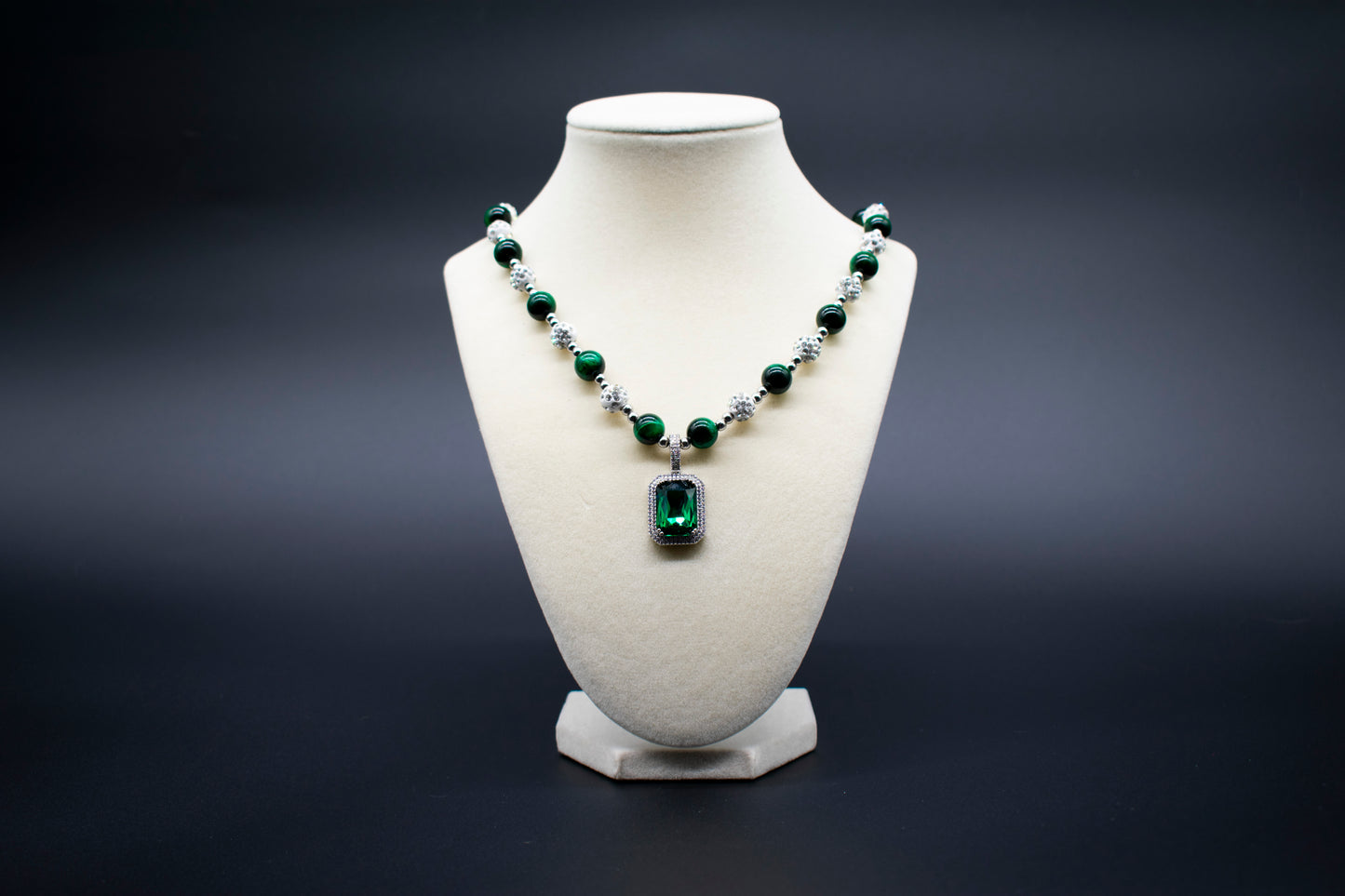 Ancient Infusions Custom Beaded Green Tiger's Eye Necklace with Emerald Centerpiece, handcrafted with genuine crystals to promote strength, protection, and clarity.