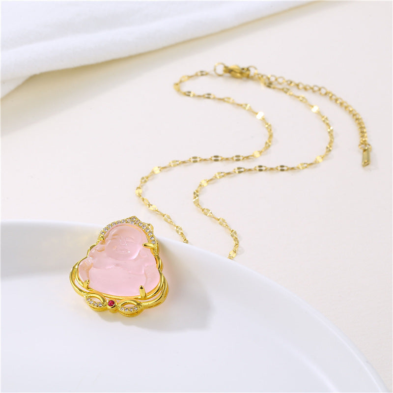 Ancient Infusions Divine Radiance Gold Pink Jade Buddha Pendant Necklace - Serene Elegance with Stainless Steel Chain.