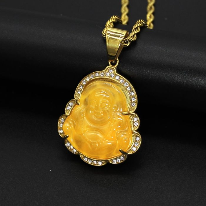Ancient Infusions Enlightened Radiance Gold Yellow Maitreyan Jade Buddha Pendant Necklace - Joyful Elegance with Stainless Steel Rope Chain.