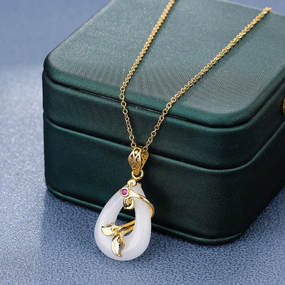 Ancient Infusions Eternal Harmony Gold White Jade Oval Pendant Necklace - Timeless Elegance with Stainless Steel Chain.