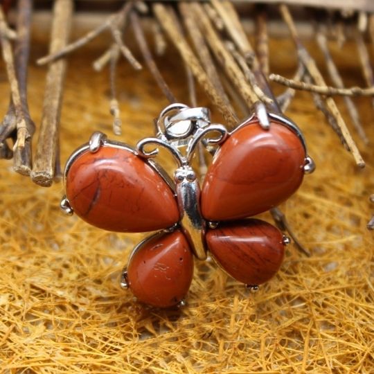 Ancient Infusions Fiery Wings Red Jasper Crystal Butterfly Pendant Necklace on Adjustable Stainless Steel Chain - Grounded Passion for Warmth and Style.