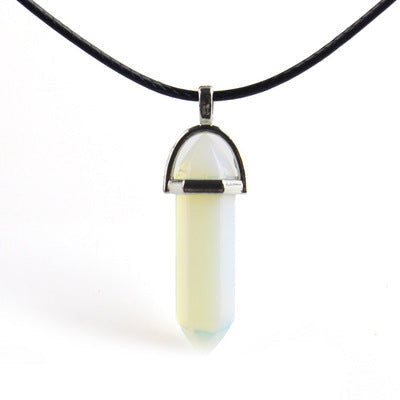 Ancient Infusions Iridescent Glow Adjustable Opalite Pendant Necklace on Faux-Leather Cord - Ethereal Beauty for Spiritual Communication and Mesmerizing Radiance.