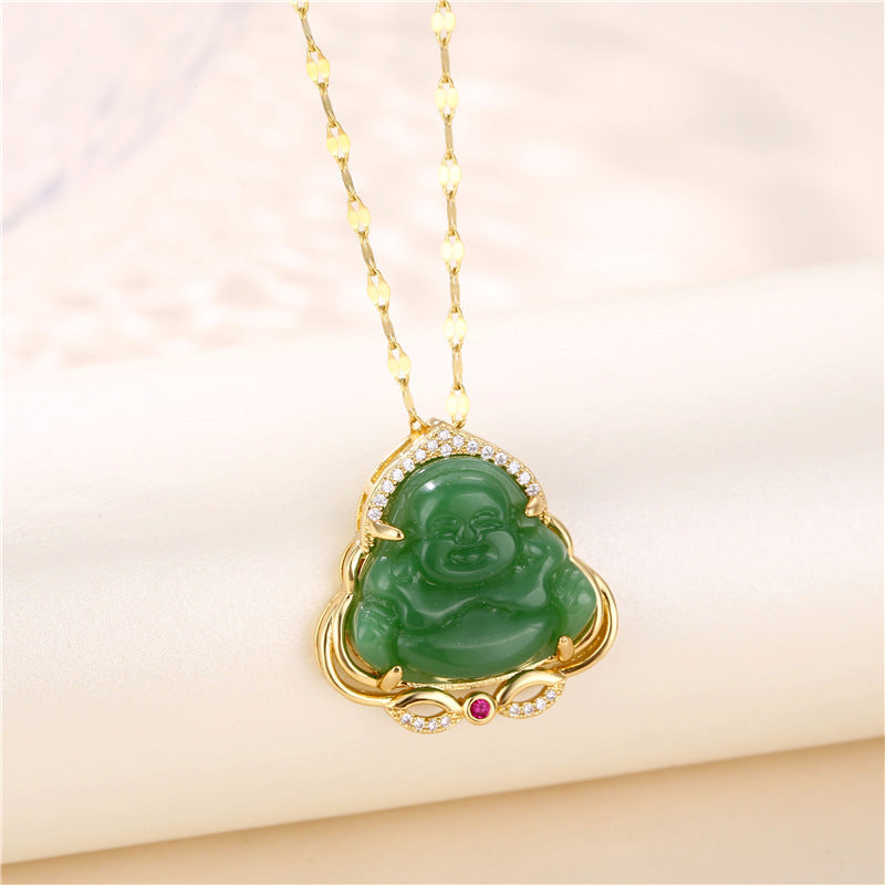 Ancient Infusions Jade Harmony Gold Green Jade Buddha Necklace - Harmonious Elegance with Stainless Steel Chain.