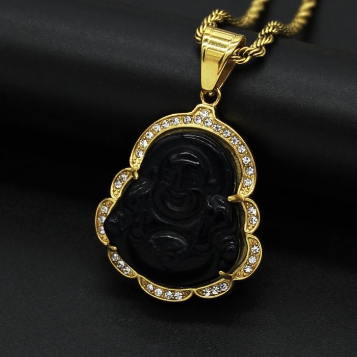 Ancient Infusions Mystic Harmony Gold Black Maitreyan Jade Buddha Pendant Necklace - Harmonious Elegance with Stainless Steel Rope Chain.
