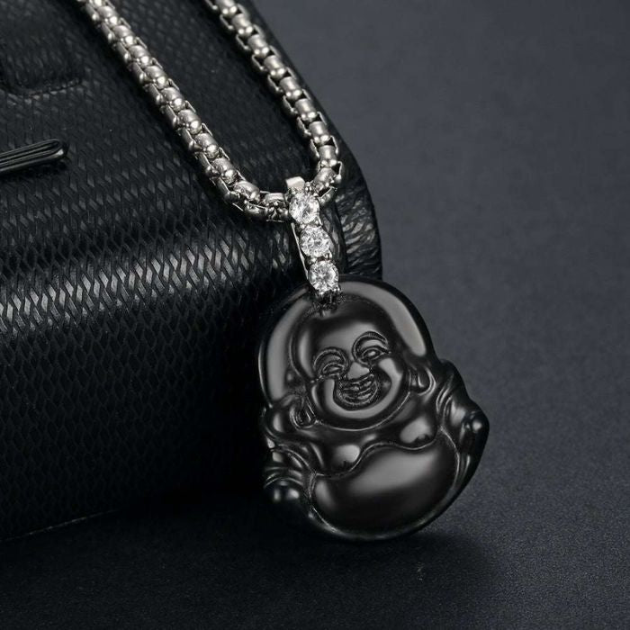 Ancient Infusions Mystic Noir Silver Black Maitreyan Jade Buddha Pendant Necklace - Enigmatic Elegance with Stainless Steel Rope Chain.