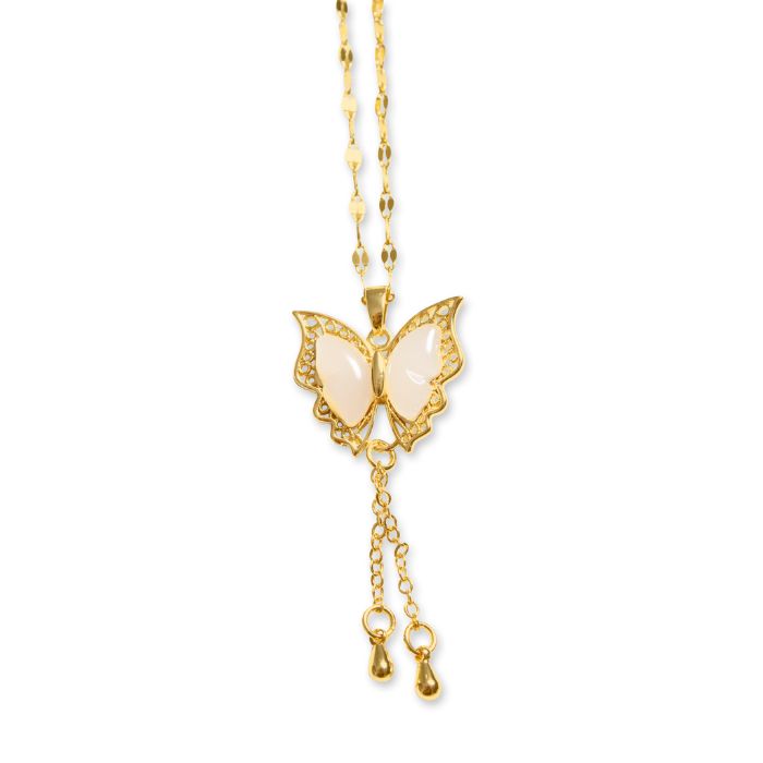 Ancient Infusions Pure Elegance White Jade Crystal Butterfly Pendant Necklace on Adjustable Stainless Steel Chain - Timeless Beauty for Serene Elegance.