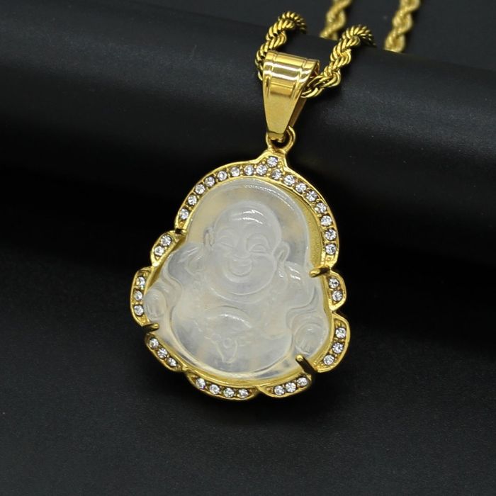 Ancient Infusions Purity Bliss Gold White Maitreyan Jade Buddha Pendant Necklace - Pure Elegance with Stainless Steel Rope Chain.