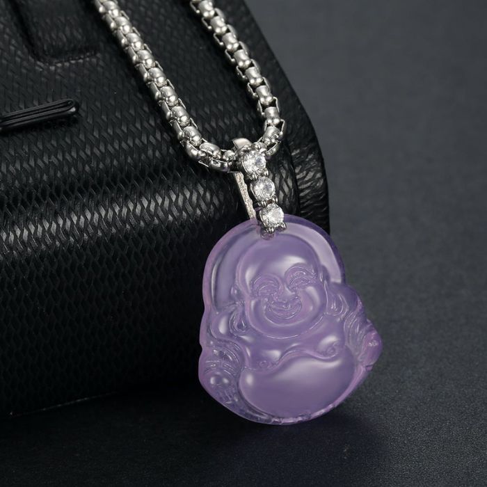 Ancient Infusions Purple Serenity Silver Purple Maitreyan Jade Buddha Pendant Necklace - Meticulous Elegance with Stainless Steel Rope Chain.