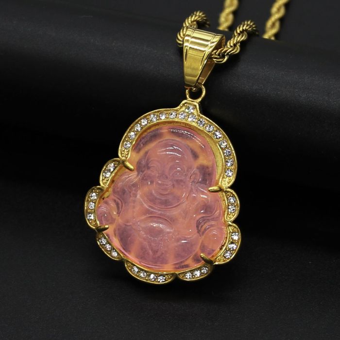 Ancient Infusions Rose Serenity Gold Pink Maitreyan Jade Buddha Pendant Necklace - Gentle Elegance with Stainless Steel Rope Chain.