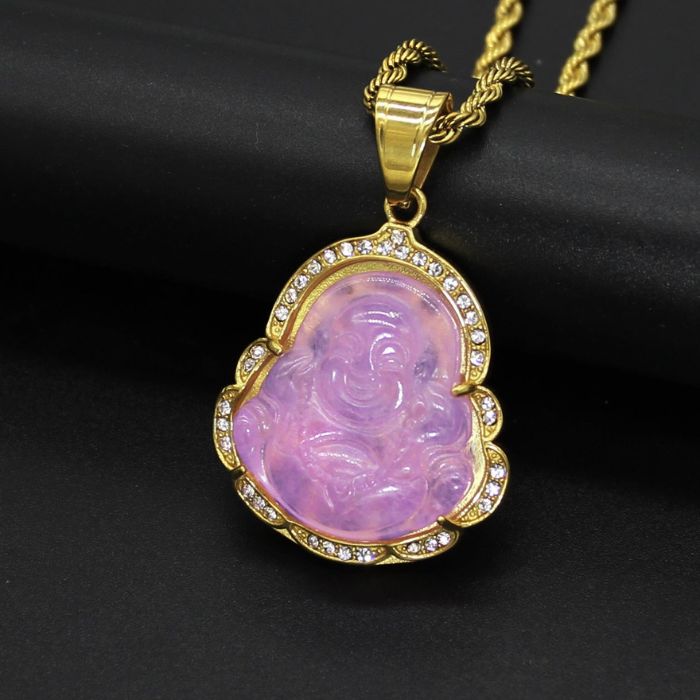 Ancient Infusions Royal Tranquility Gold Purple Maitreyan Jade Buddha Pendant Necklace - Regal Elegance with Stainless Steel Rope Chain.