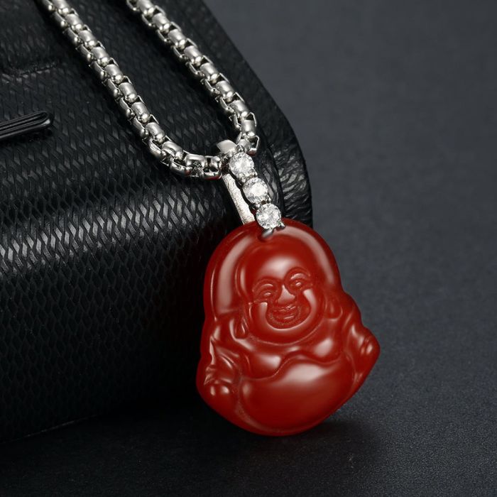 Ancient Infusions Ruby Radiance Silver Red Maitreyan Jade Buddha Pendant Necklace - Intricate Elegance with Stainless Steel Rope Chain.
