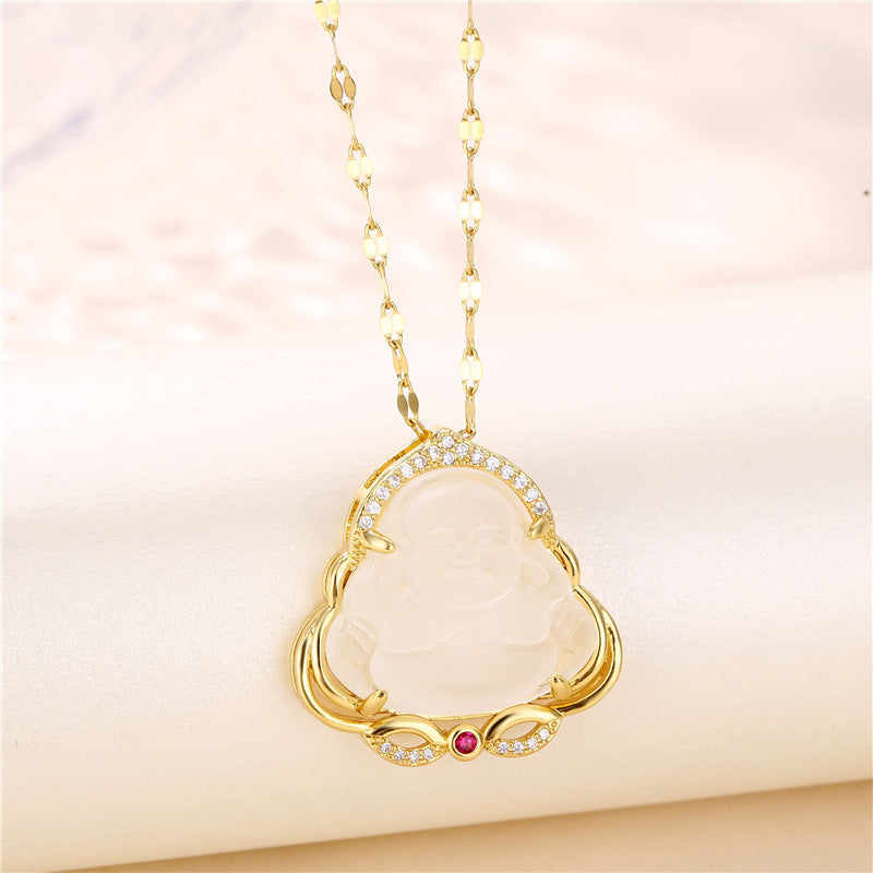 Ancient Infusions Sacred Serenity Gold White Jade Buddha Necklace - Tranquil Elegance with Stainless Steel Chain.