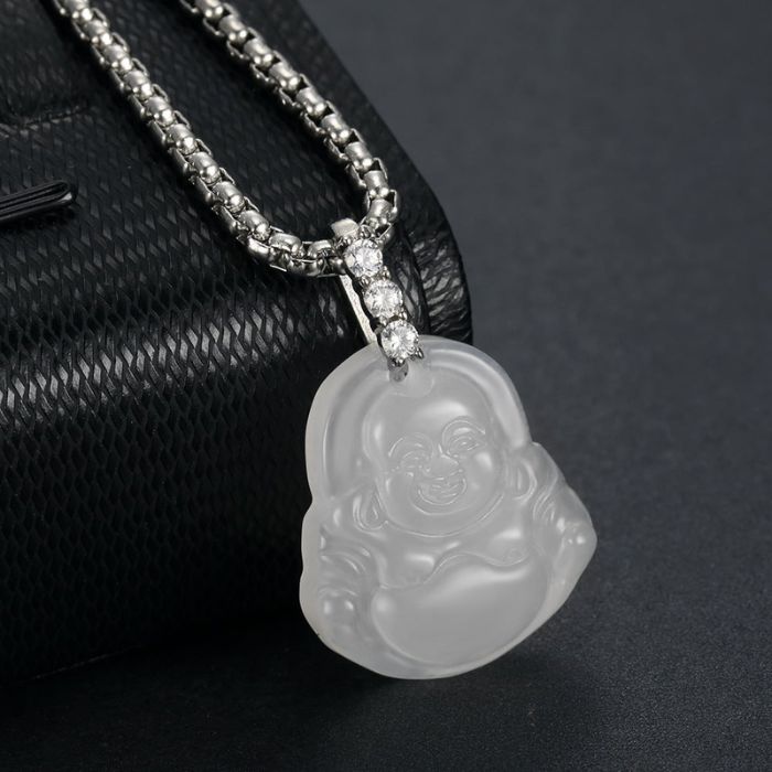 Ancient Infusions Serenity Gleam Silver White Maitreyan Jade Buddha Pendant Necklace - Radiant Elegance with Stainless Steel Rope Chain.