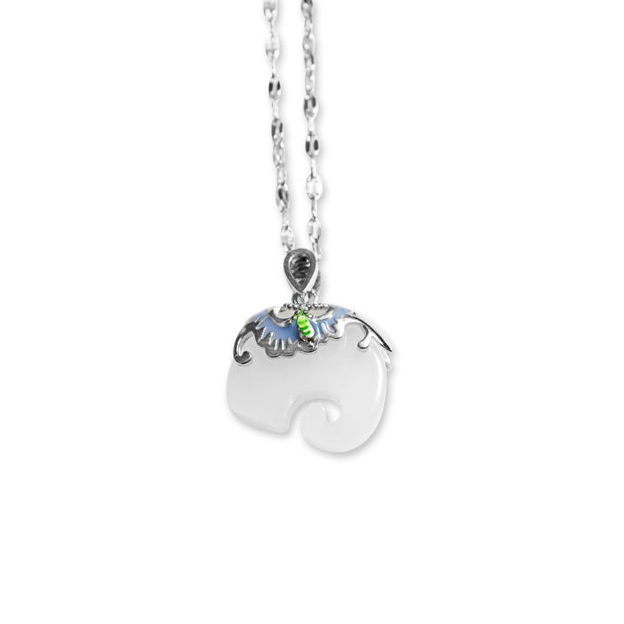 Ancient Infusions Serenity Stride White Jade Elephant Pendant Necklace with Silver Charm - Timeless Elegance for Serene Beauty.