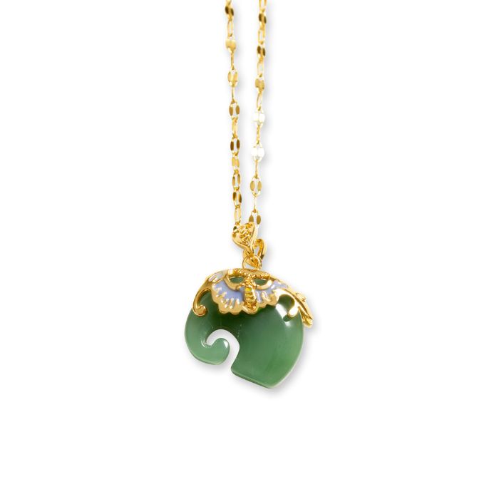 Ancient Infusions Serenity Stroll Green Jade Elephant Pendant Necklace on Adjustable Stainless Steel Chain - Timeless Charm for Soothing Balance.