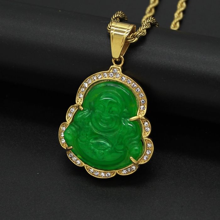 Ancient Infusions Verdant Harmony Gold Green Maitreyan Jade Buddha Pendant Necklace - Balancing Elegance with Stainless Steel Rope Chain.