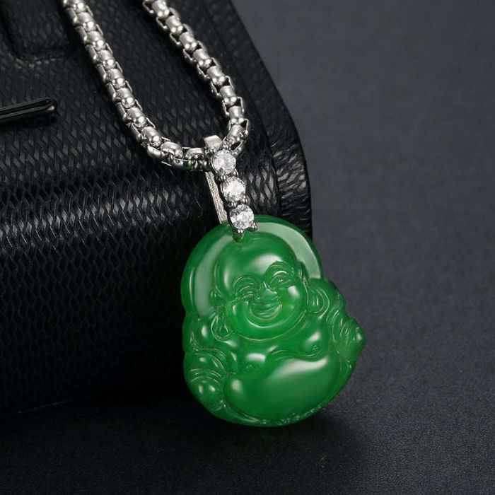 Ancient Infusions Verdant Zenith Silver Green Maitreyan Jade Buddha Pendant Necklace - Serene Elegance with Stainless Steel Rope Chain.