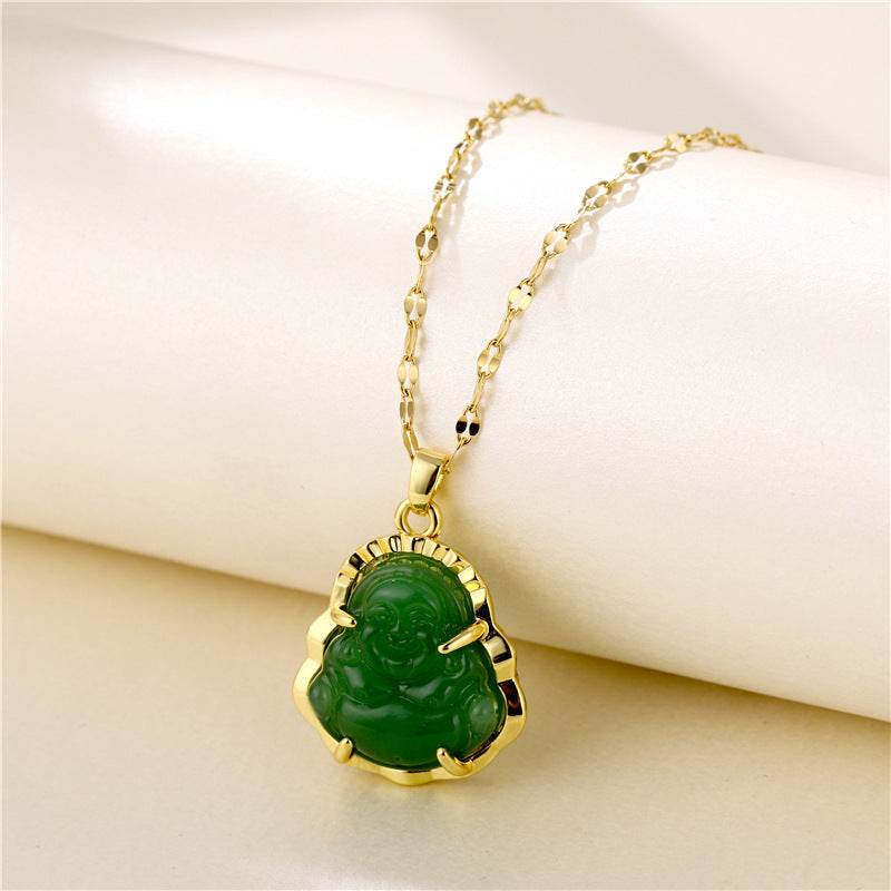 Ancient Infusions Zen Radiance Gold Green Jade Buddha Necklace - Tranquil Elegance for Harmonious Revitalization.