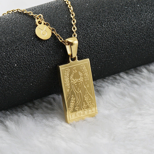 Ancient Infusions Zodiac Radiance Gold Stainless Steel Taurus Emblem Necklace - Enduring Emblem with Cosmic Allure.