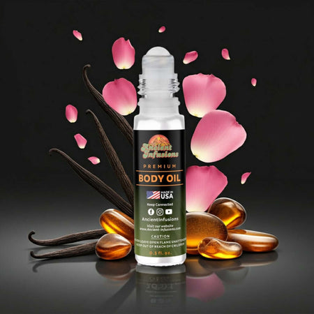 Aphrodite Body Oil - Pure & Uncut, premium bottle surrounded by floral petals and vanilla pods, exuding elegance and confidence.