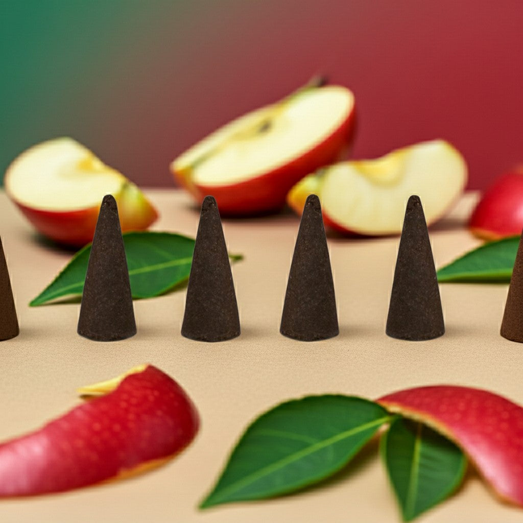 Apple Incense Cones on a surface with sliced apples and leaves.
