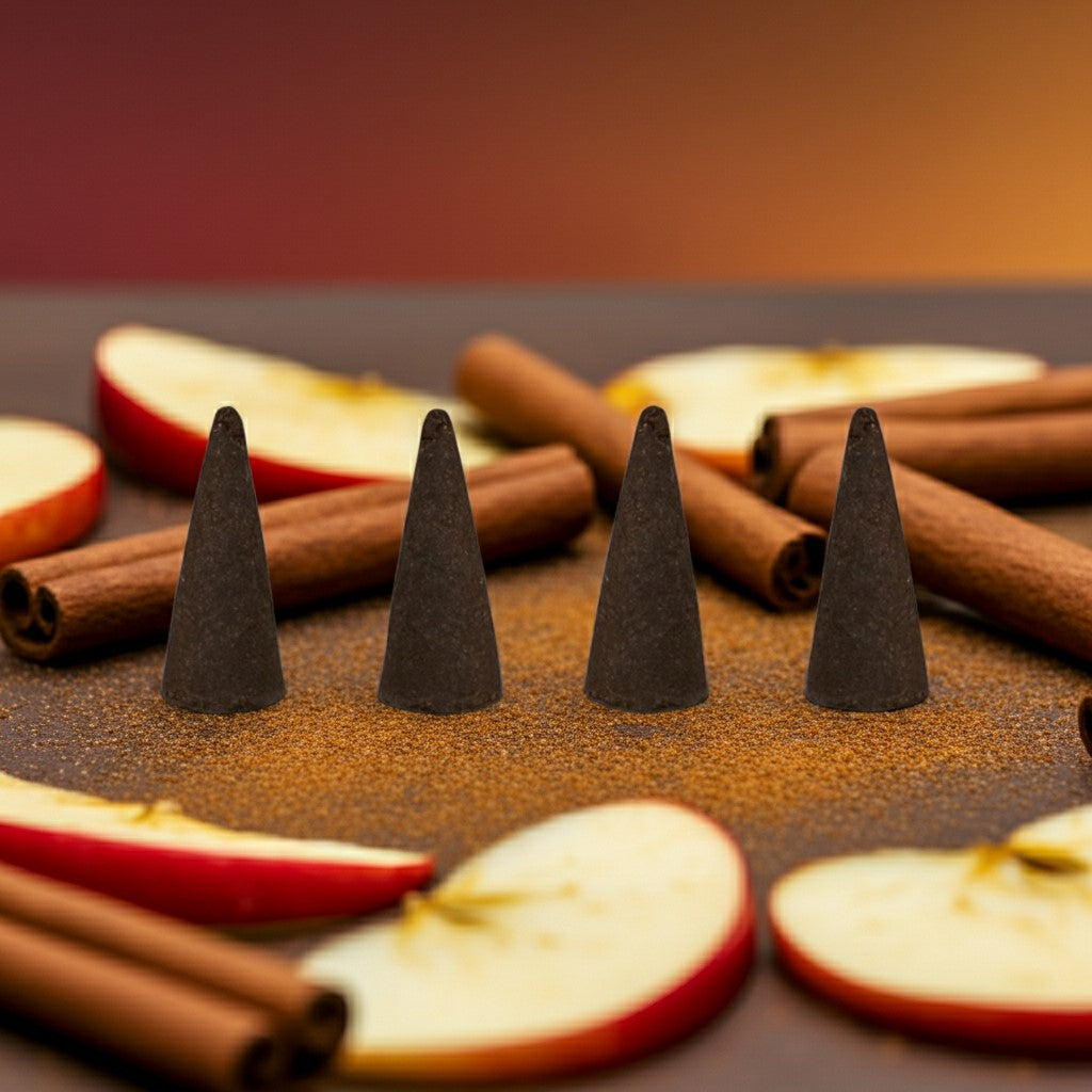 Apple Pie Incense Cones with cinnamon sticks and apples on a dark surface