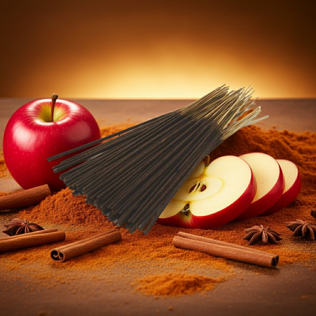 Apple Pie Incense Sticks with apples, cinnamon, and star anise on a wooden surface.