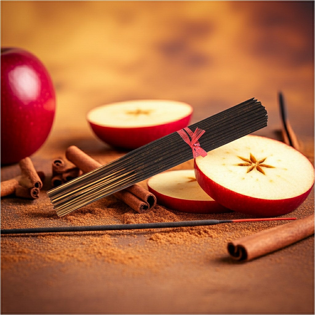 Apple Pie Incense Sticks with apples and cinnamon on a wooden surface