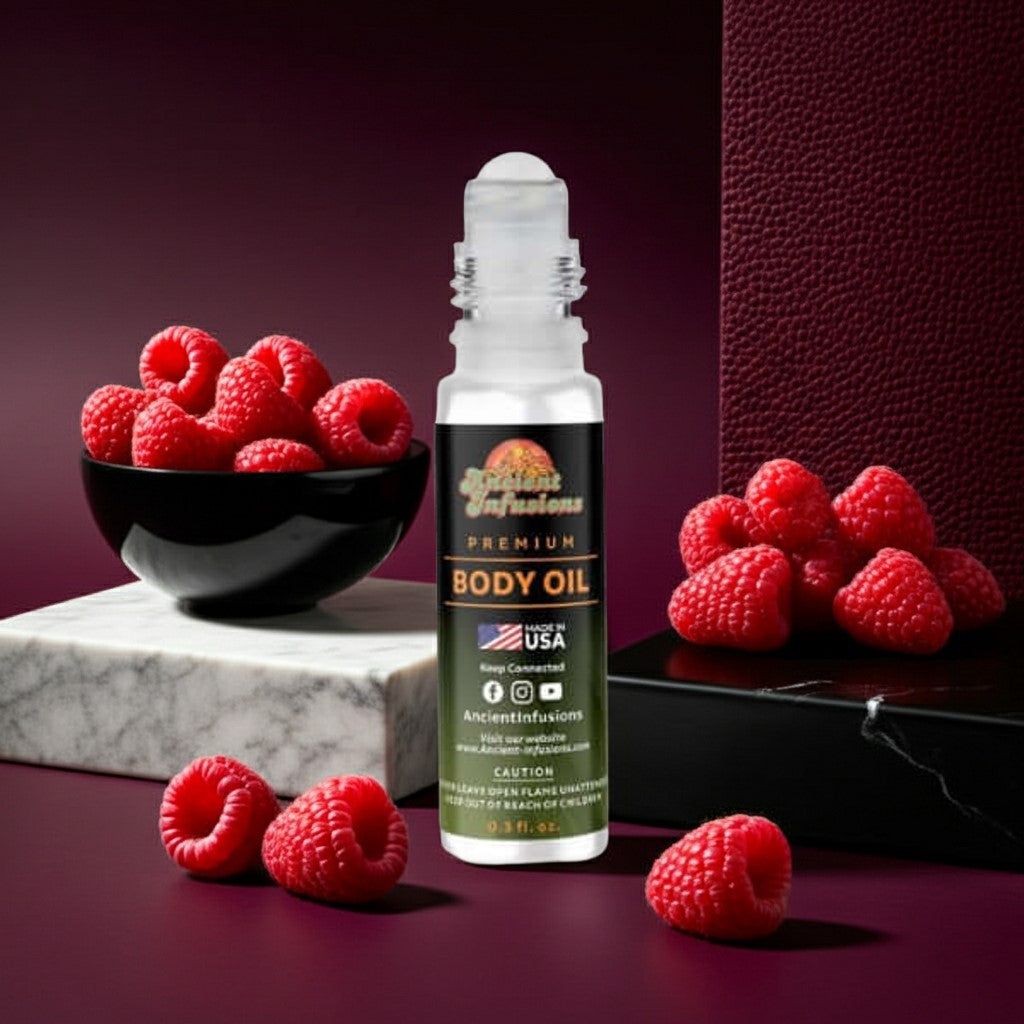 Azzaro Forever Wanted Elixir Inspired Body Oil bottle with raspberries on a dark background