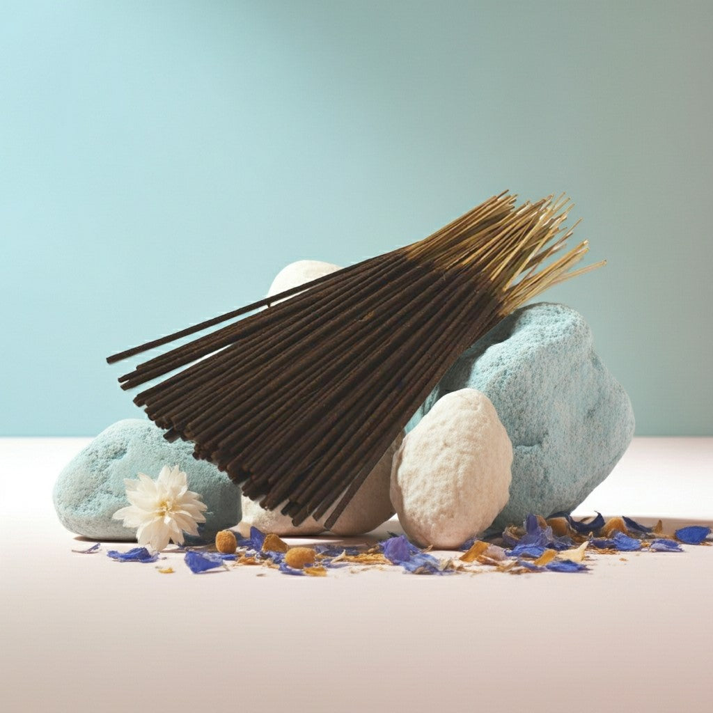 Baby Powder Incense Sticks with stones and flowers on a light blue background