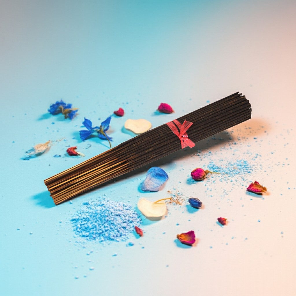 Baby Powder Incense Sticks with a pink ribbon on a colorful background with flowers and petals.