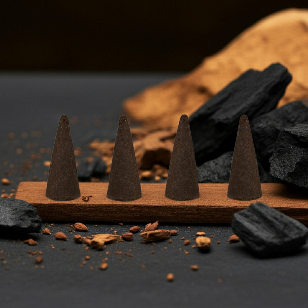 Black Butter Incense Cones  on a wooden stand with charcoal and wood chips in the background.