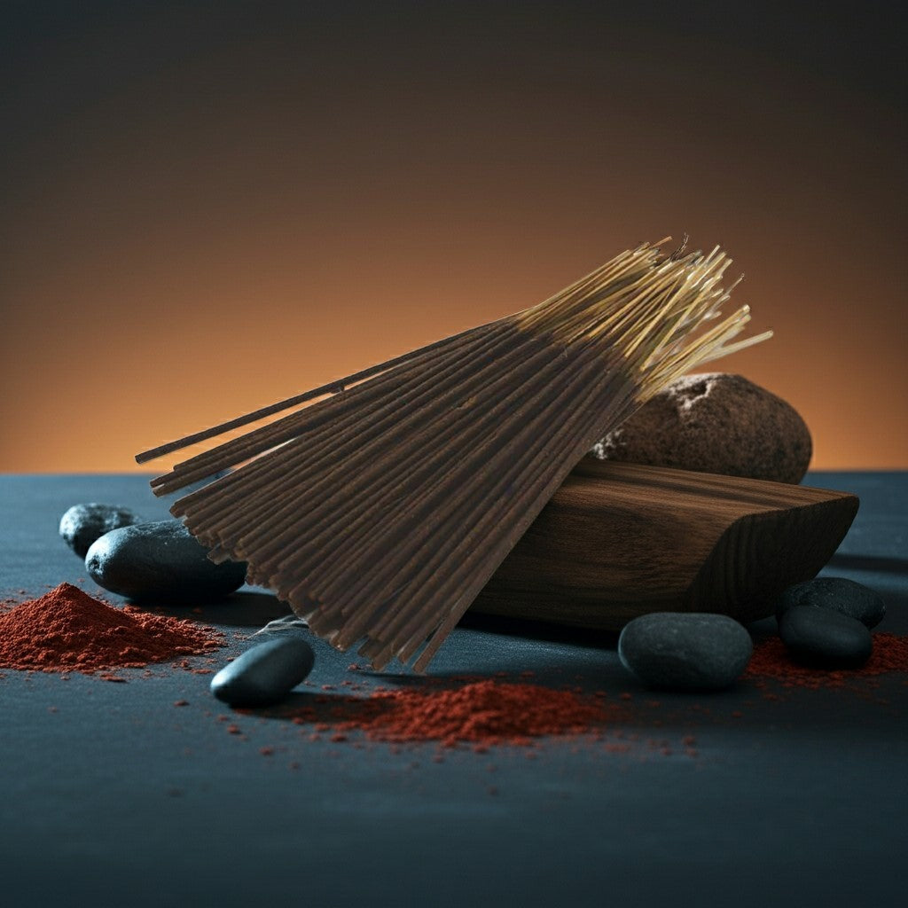 Black Butter Incense Sticks with red powder and stones on a dark surface