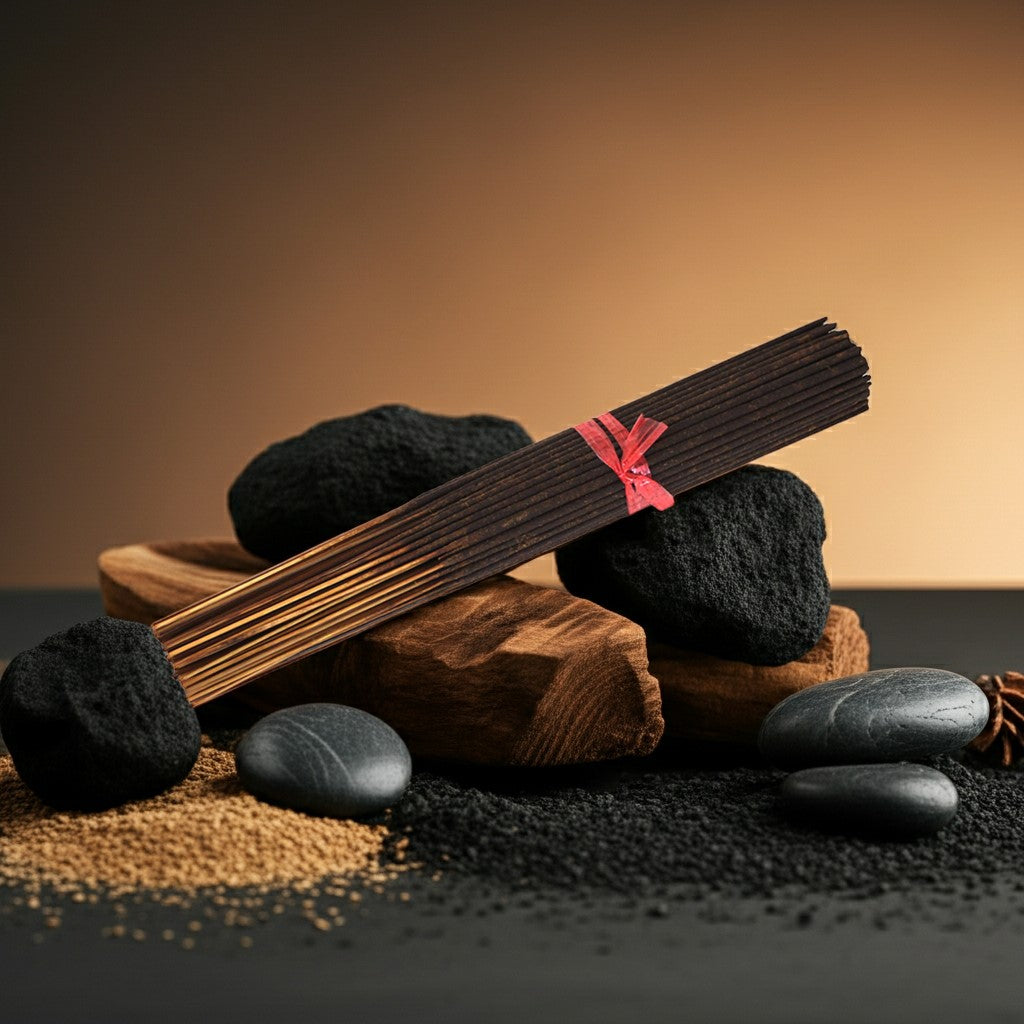 Black Butter Incense Sticks with a red band on black stones against a brown background