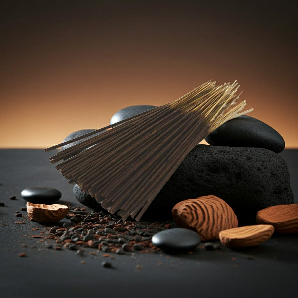 Black Coconut Incense Sticks on stones with a dark background